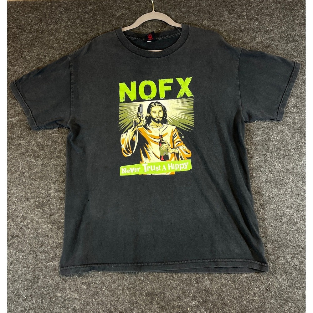 Vintage 90s NOFX Never Trust A Hippy T-Shirt Mens Large Black Punk Band Tee